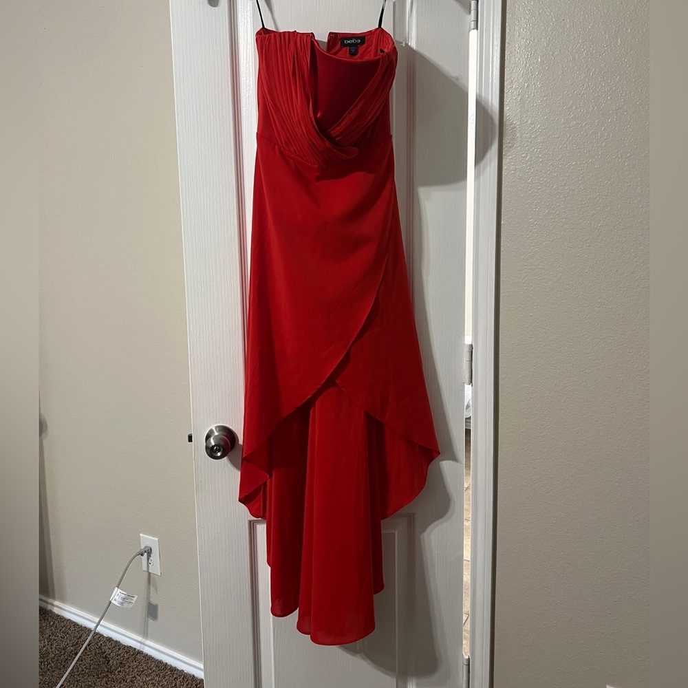 bebe Red High Low Strapless Dress